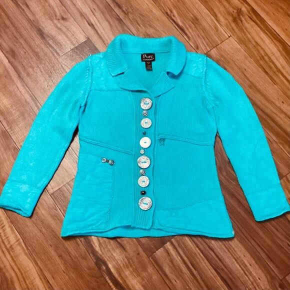Pure Handknit 100% Cotton Aqua Button Detail Sweater XS/TP - Picture 8 of 8